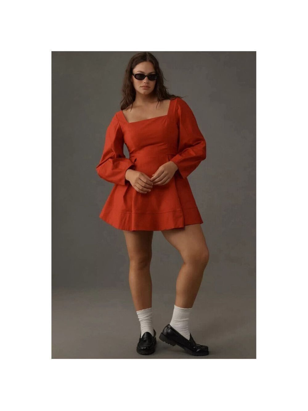 Anthroplologie Maeve Long-Sleeve Square-Neck Pleated Mini Dress in Red Size 1X